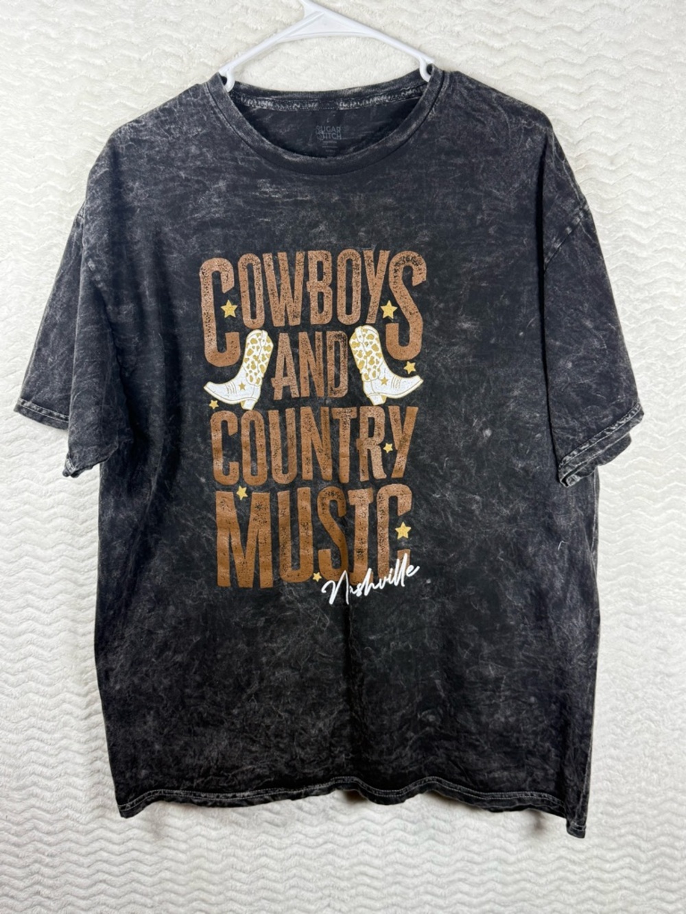 Sugar Stitched Black Tee with Faded White Print